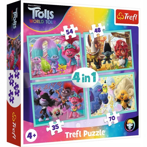 Set puzzle 4 in 1 Trefl DreamWorks Trolls, Turneul trolilor, 1x35 piese, 1x48 piese, 1x54 piese, 1x70 piese